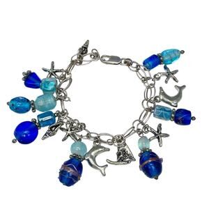 Blue Glass Ocean Sea Charm Bracelet | Vintage India Sterling Silver 925 | 7"